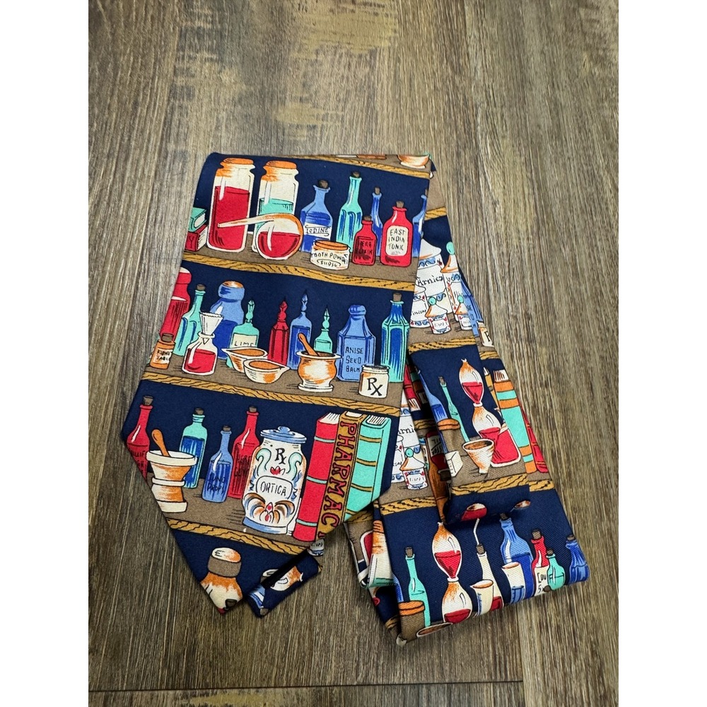 Apothecary Pharmacy Novelty Silk Tie Navy Blue Medical Science Bottles Books